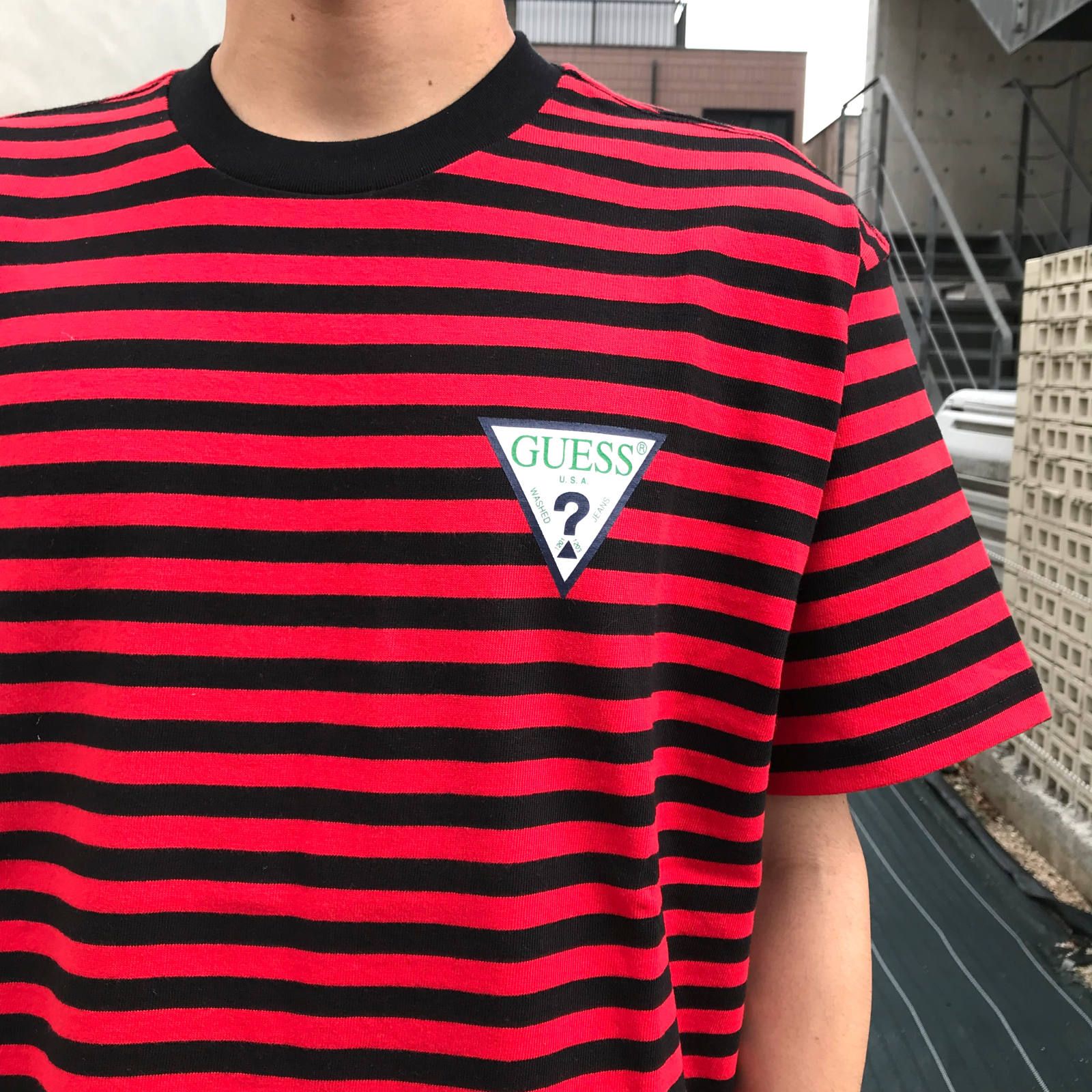 ミニロゴ ボーダー クルーネックカットソー - RED