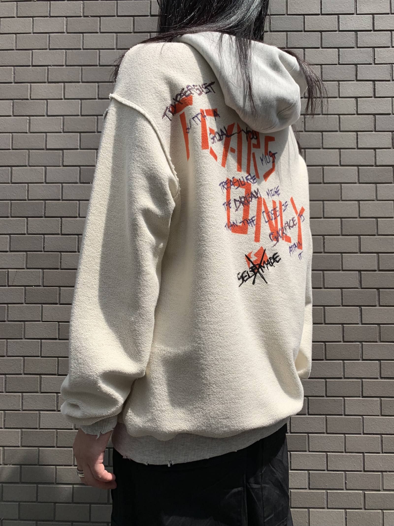 【残り一点】 裏返し 刺繍プリントプルオーバーパーカー TEARS ONLY - GREY