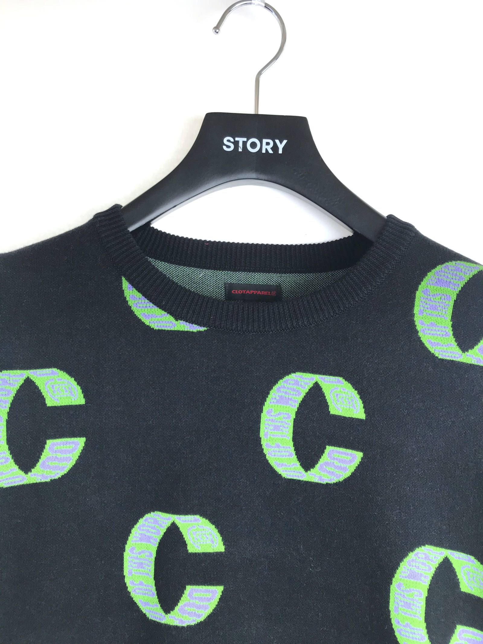 Cロゴ クルーネック ジャガードコットンニット OUT OF THIS WORLD LOOP KNIT SWEATER - BLACK