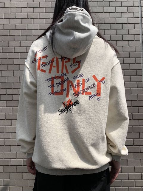 【残り一点】 裏返し 刺繍プリントプルオーバーパーカー TEARS ONLY - GREY