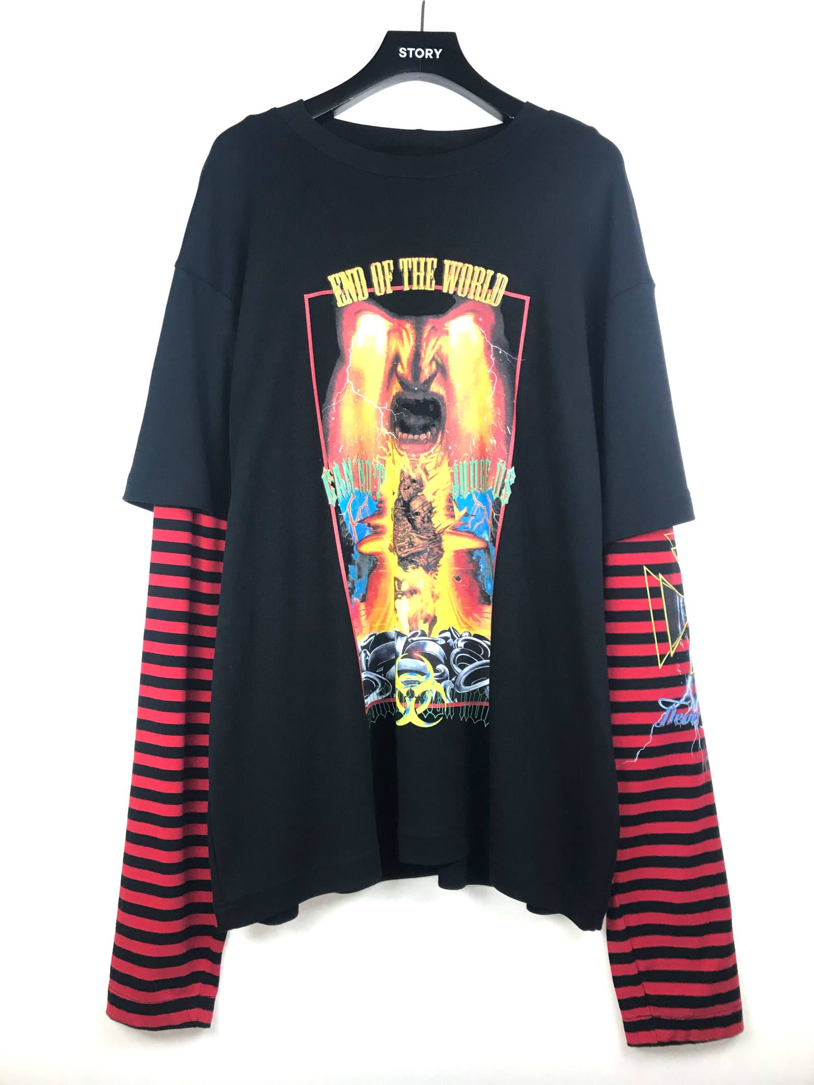 《残り一点》 グラフィック ボーダー フェイクレイヤードカットソー LONG SLEEVE WINTER TSHIRT - BLACK × RED