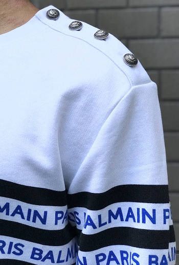 《残り一点》ロゴライン スリットボタン ボーダースウェット - WHITE