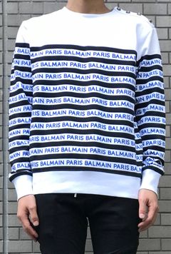 《残り一点》ロゴライン スリットボタン ボーダースウェット - WHITE
