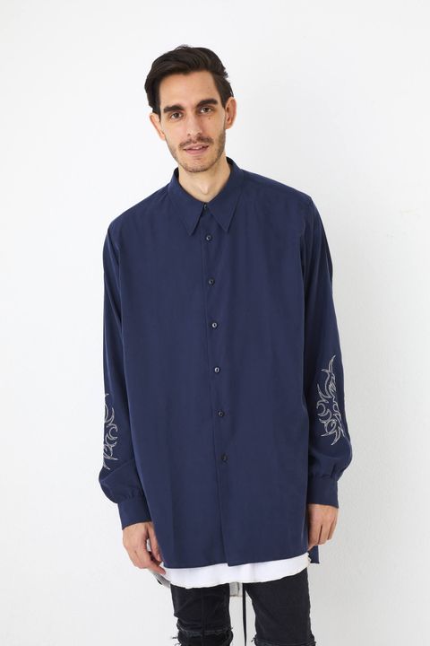 袖刺繍 長袖 ロングシャツ LONG SHT  "embroidery" - BLACK