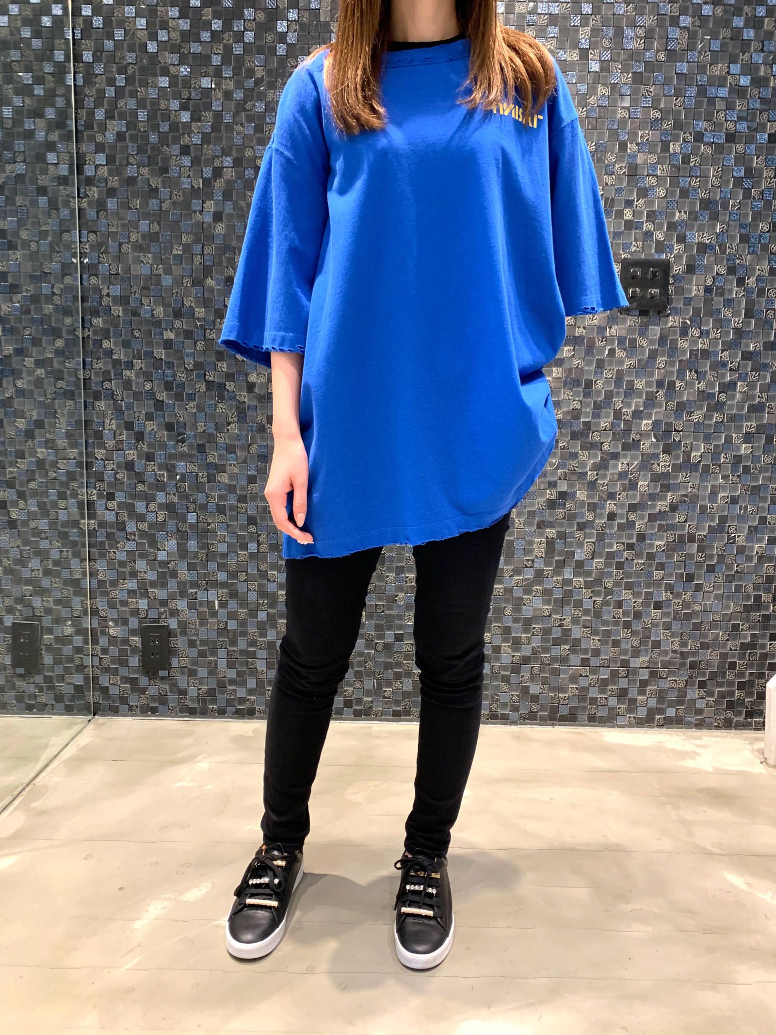 オーバーサイズ バックプリント ダメージ加工 カットソー - BLUE