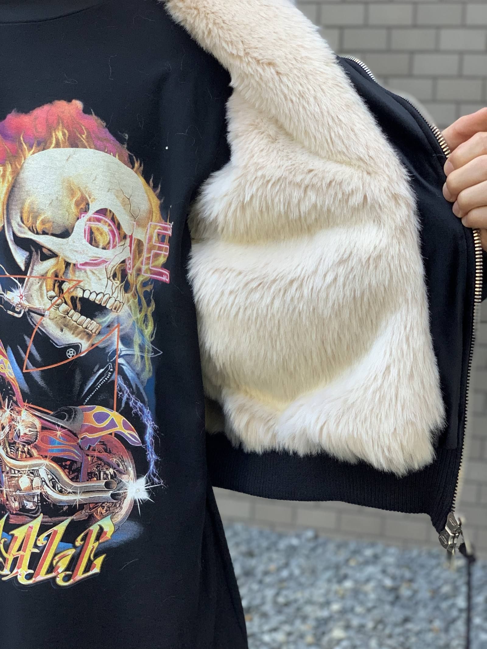 ベロア切替 ファーライナー グラフィックボンバージャケット - FUR LINED BOMBER  - BLACK