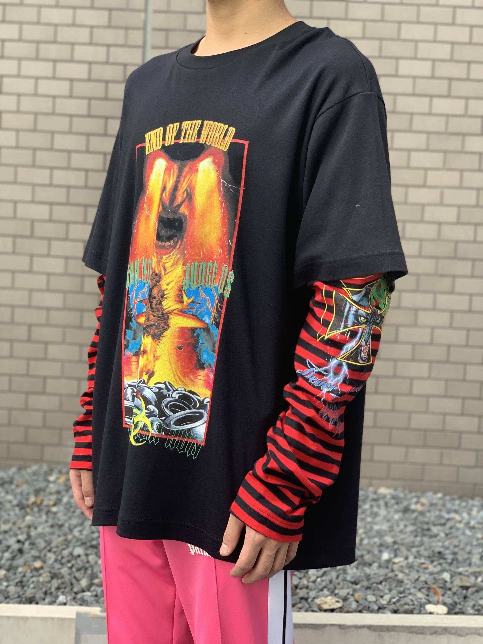 《残り一点》 グラフィック ボーダー フェイクレイヤードカットソー LONG SLEEVE WINTER TSHIRT - BLACK × RED