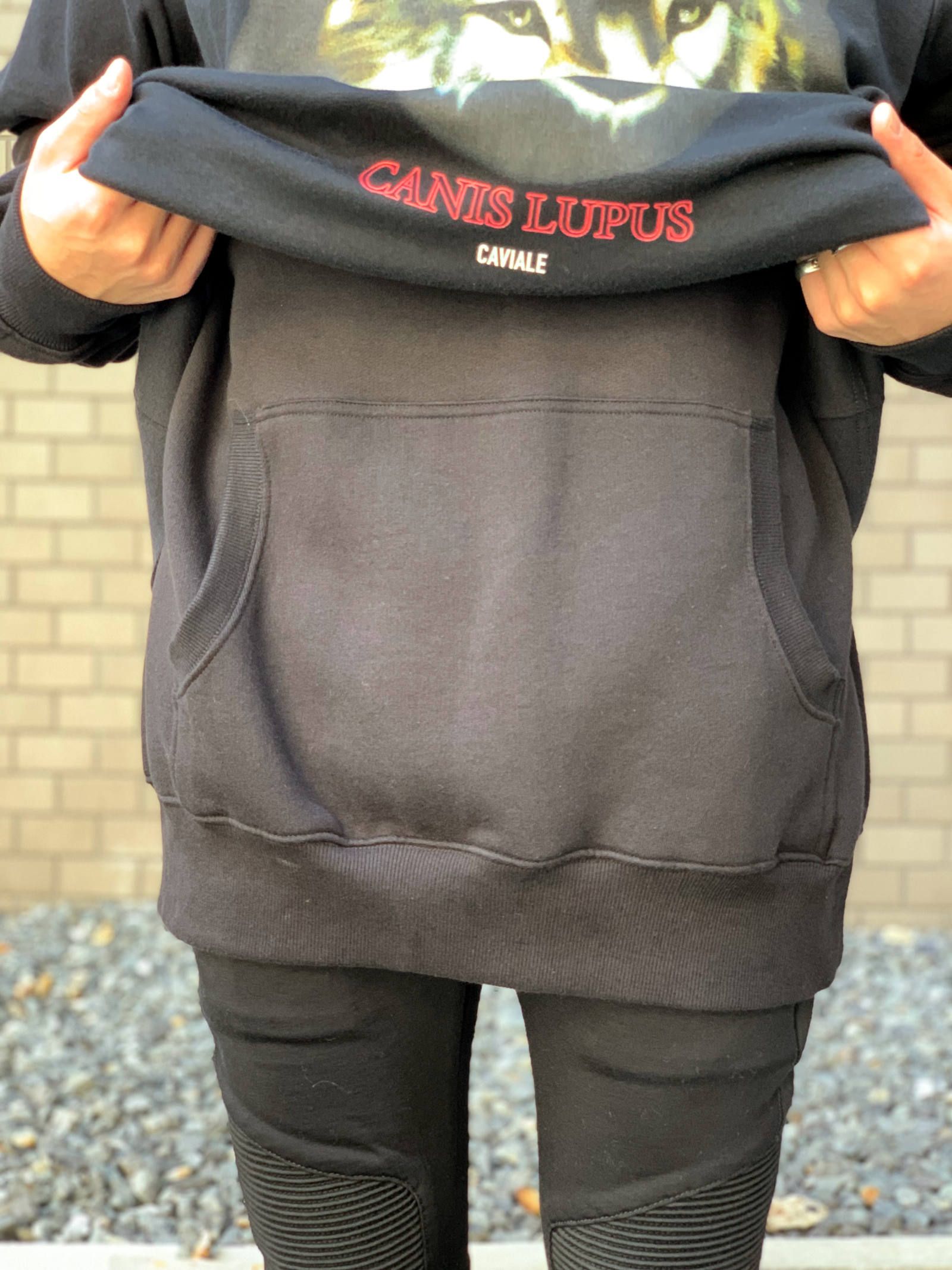 《残り一点》 【宮川大輔着用】 ウルフグラフィック カットソーレイヤードパーカー HOODIE - BLACK