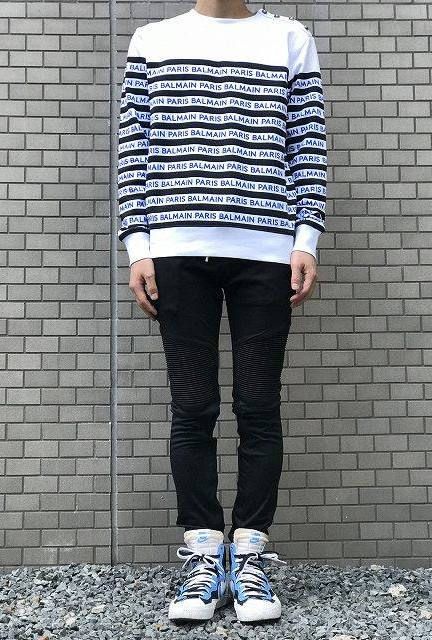 《残り一点》ロゴライン スリットボタン ボーダースウェット - WHITE