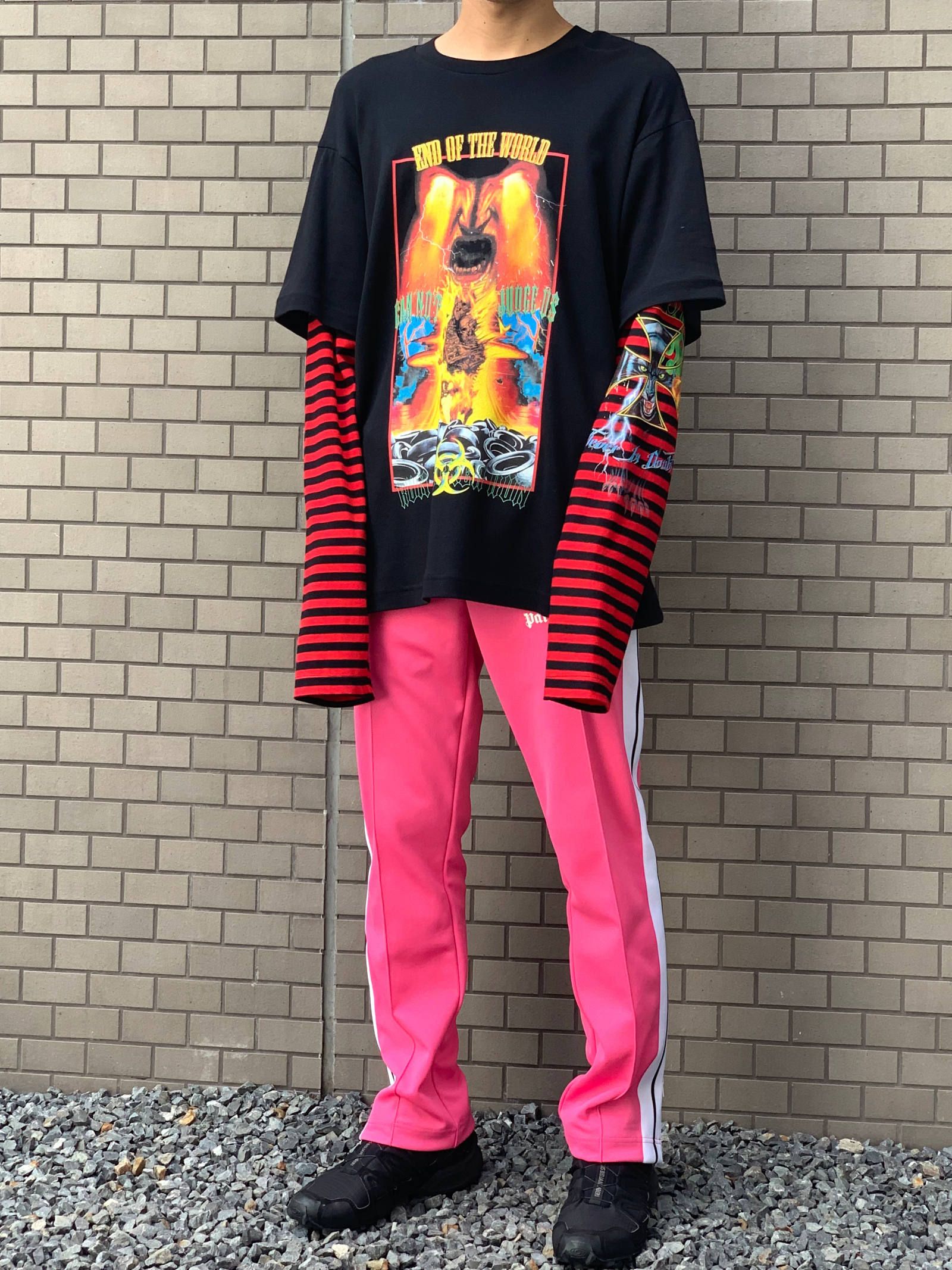 《残り一点》 グラフィック ボーダー フェイクレイヤードカットソー LONG SLEEVE WINTER TSHIRT - BLACK × RED