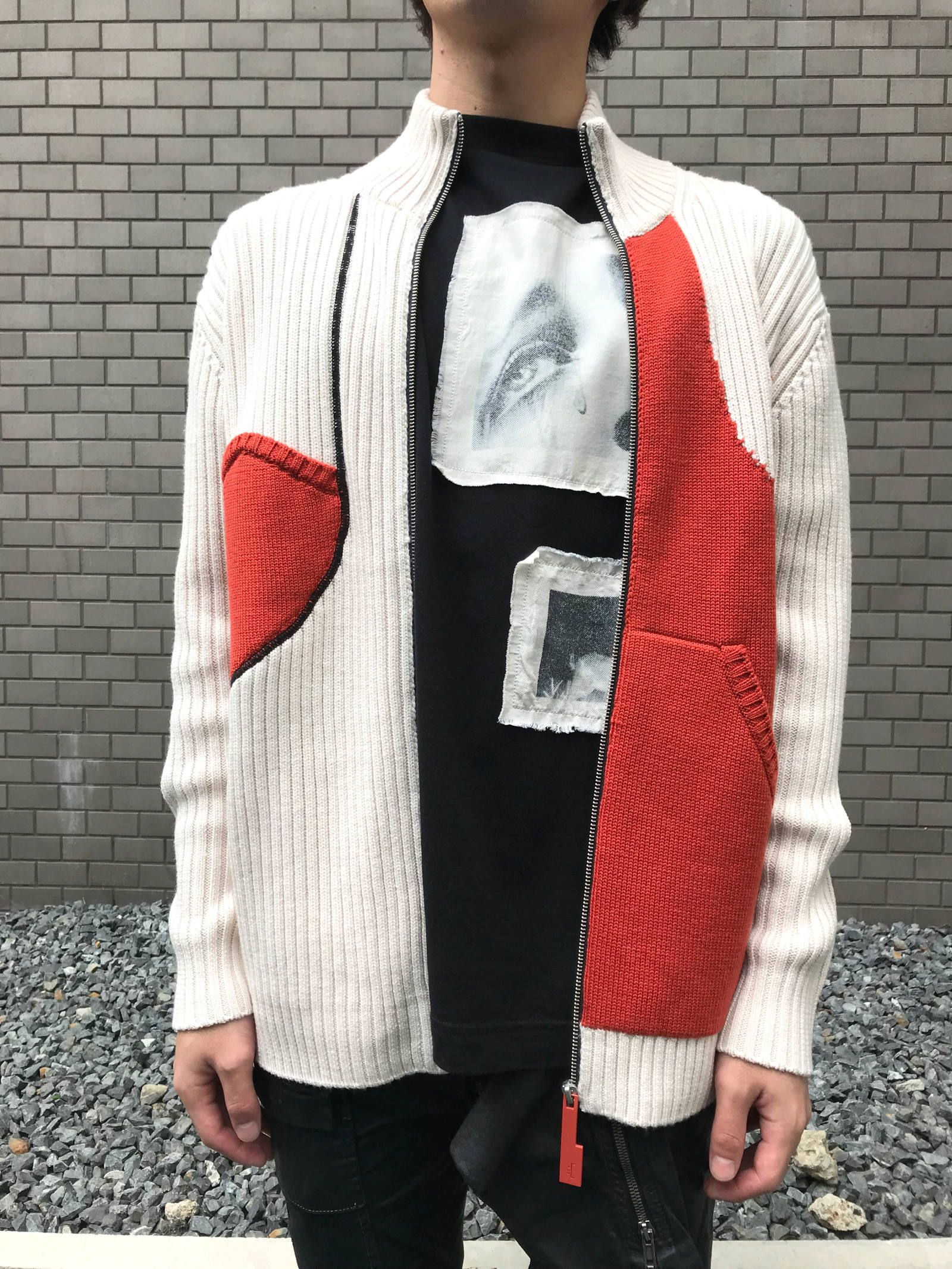 《残り一点》 カラー切替 アシンメトリーハイネックジップアップニット ZIPPED CASHWOOL JUMPER - CREAM CREA