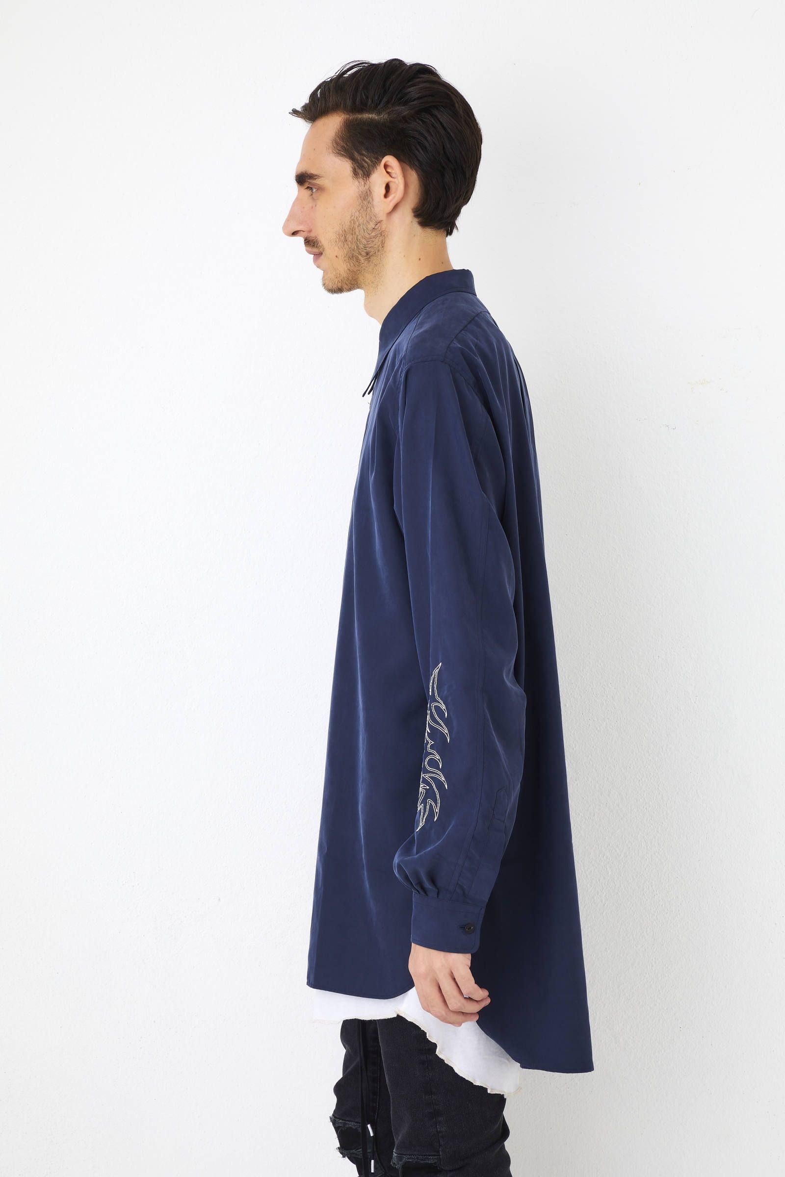 袖刺繍 長袖 ロングシャツ LONG SHT  "embroidery" - BLACK