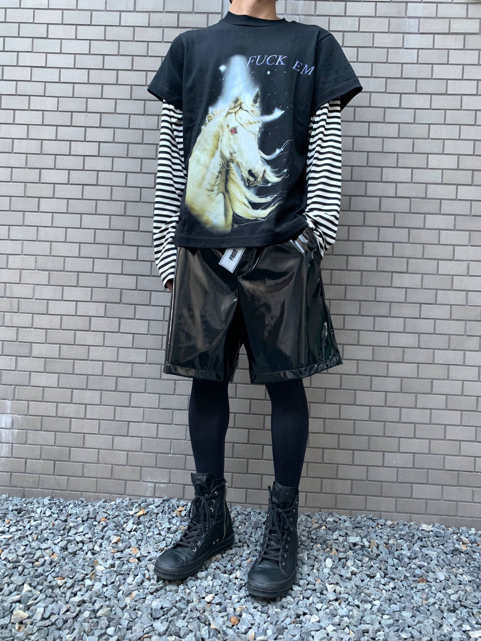 《各カラー残り一点》 ペガサス グラフィック フェイクレイヤードカットソー LONG SLEEVE WINTER TSHIRT - BLACK × WHITE