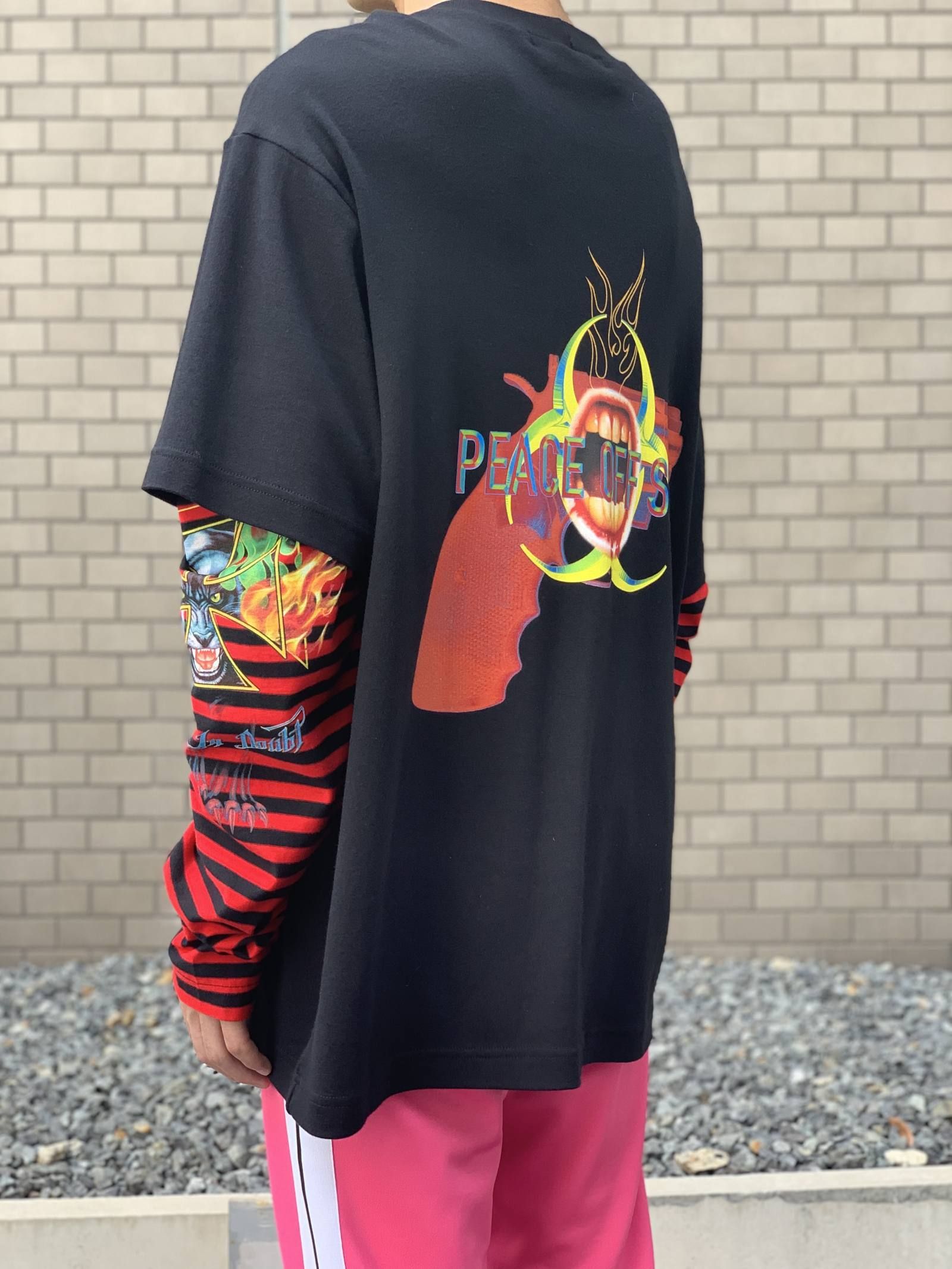 《残り一点》 グラフィック ボーダー フェイクレイヤードカットソー LONG SLEEVE WINTER TSHIRT - BLACK × RED