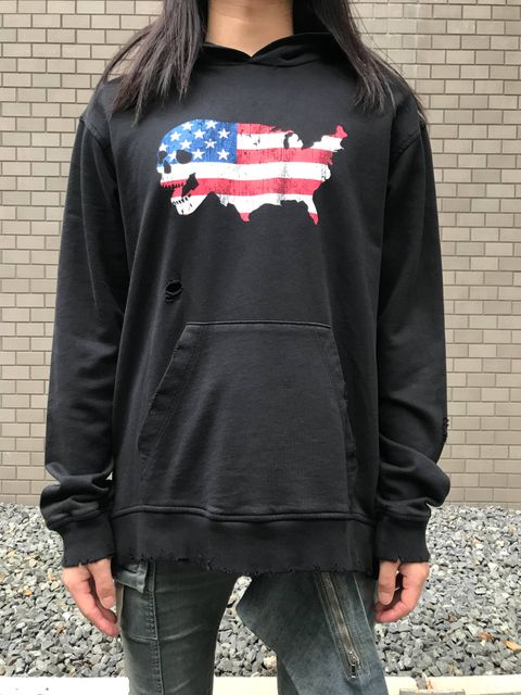 ダメージ加工 スカルUSA プリントパーカー - BLACK