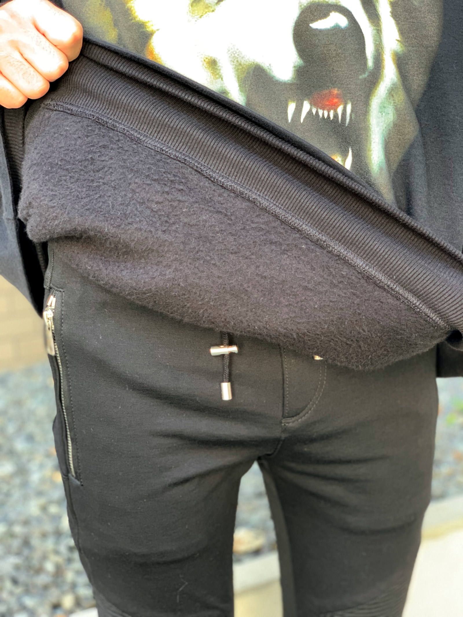《残り一点》 【宮川大輔着用】 ウルフグラフィック カットソーレイヤードパーカー HOODIE - BLACK
