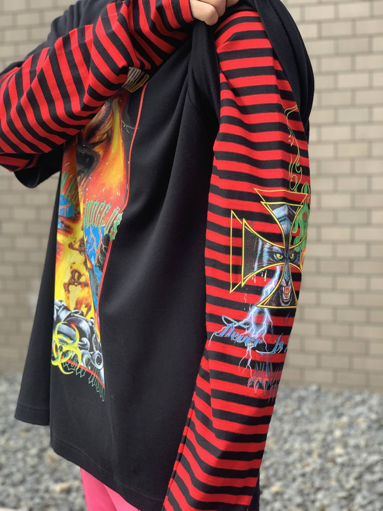 《残り一点》 グラフィック ボーダー フェイクレイヤードカットソー LONG SLEEVE WINTER TSHIRT - BLACK × RED