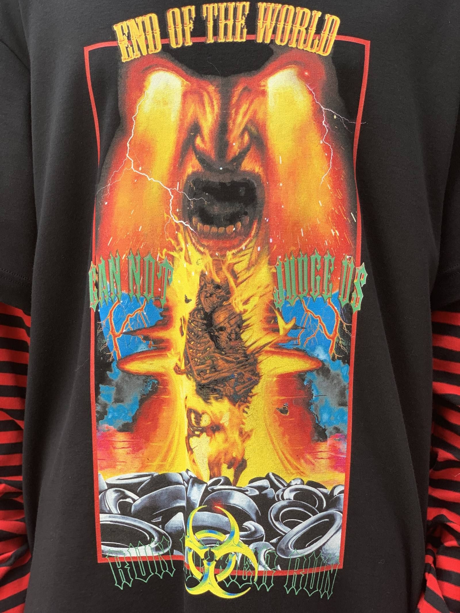 《残り一点》 グラフィック ボーダー フェイクレイヤードカットソー LONG SLEEVE WINTER TSHIRT - BLACK × RED