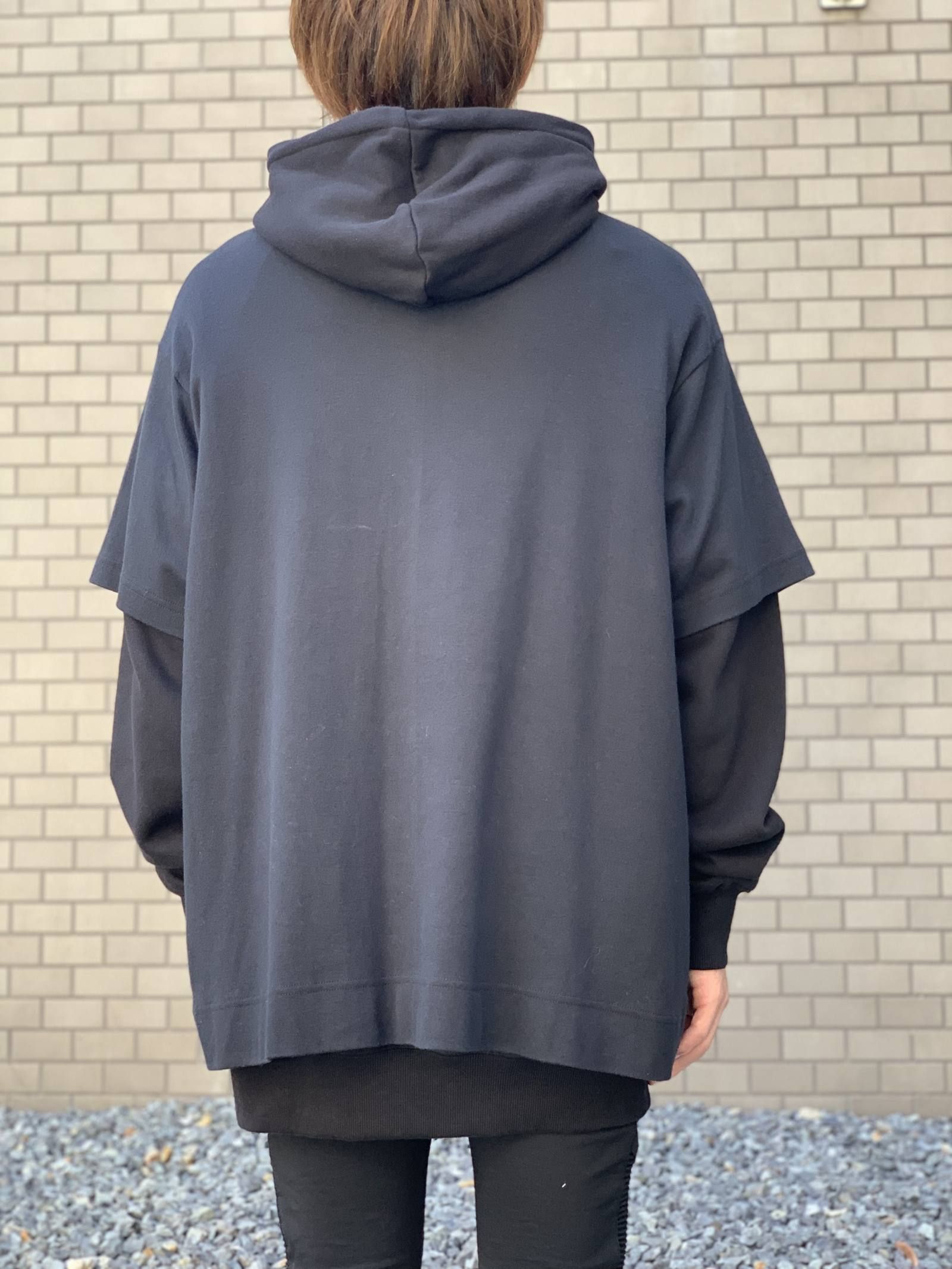 《残り一点》 【宮川大輔着用】 ウルフグラフィック カットソーレイヤードパーカー HOODIE - BLACK