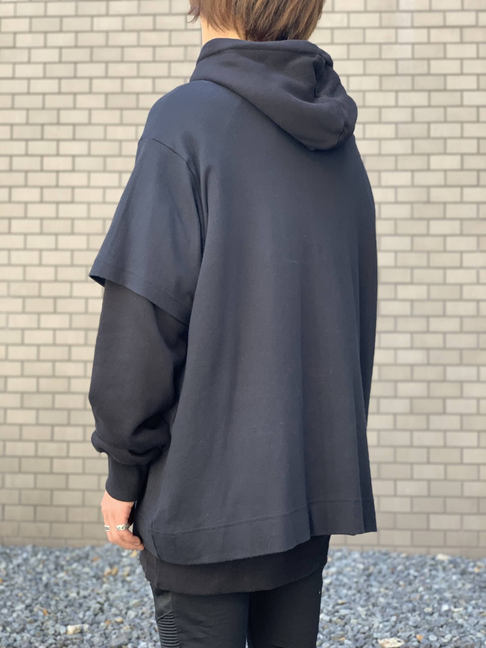 《残り一点》 【宮川大輔着用】 ウルフグラフィック カットソーレイヤードパーカー HOODIE - BLACK