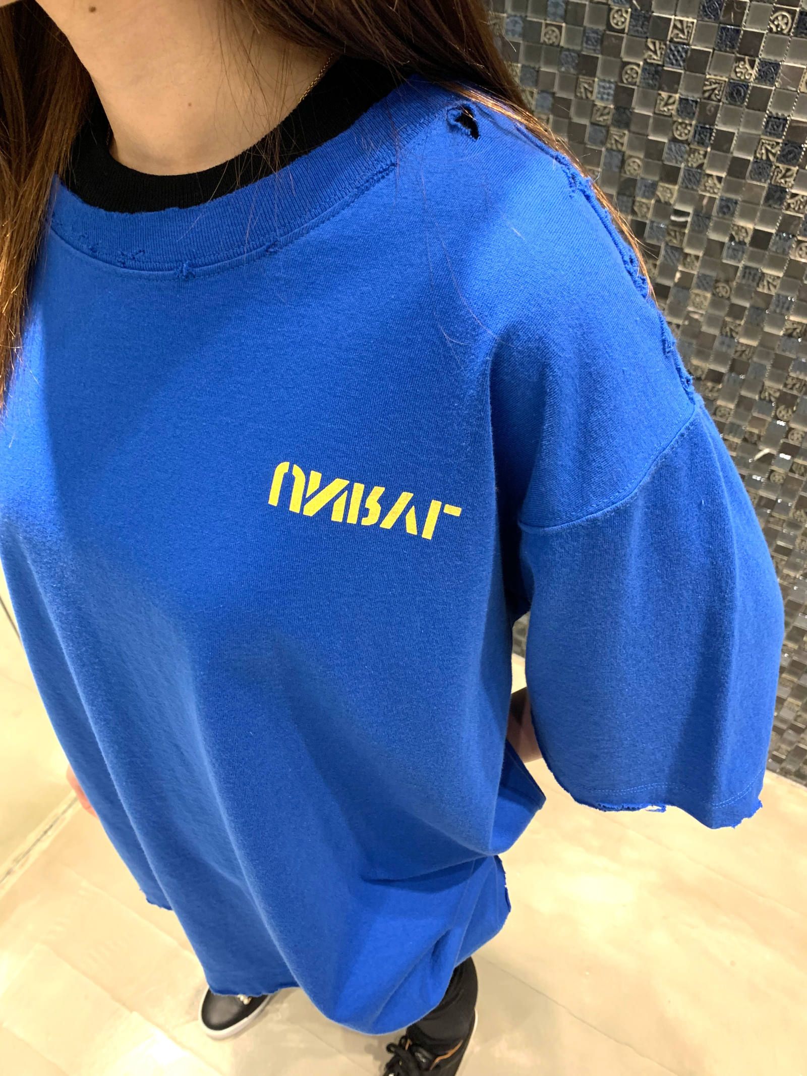 オーバーサイズ バックプリント ダメージ加工 カットソー - BLUE