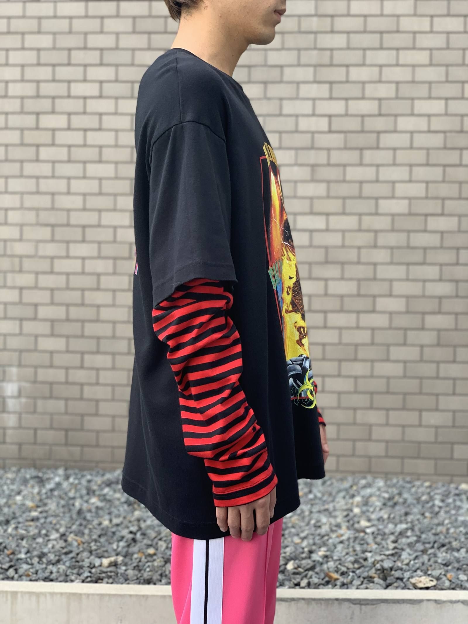 《残り一点》 グラフィック ボーダー フェイクレイヤードカットソー LONG SLEEVE WINTER TSHIRT - BLACK × RED