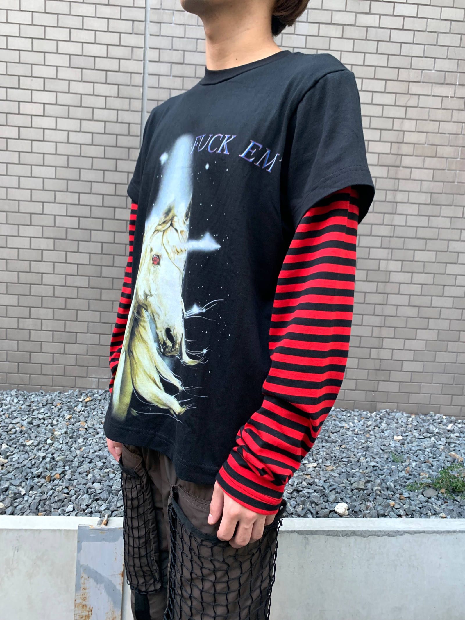 《各カラー残り一点》 ペガサス グラフィック フェイクレイヤードカットソー LONG SLEEVE WINTER TSHIRT - BLACK × RED