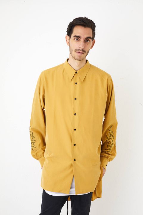 袖刺繍 長袖 ロングシャツ LONG SHT  "embroidery" - YELLOW