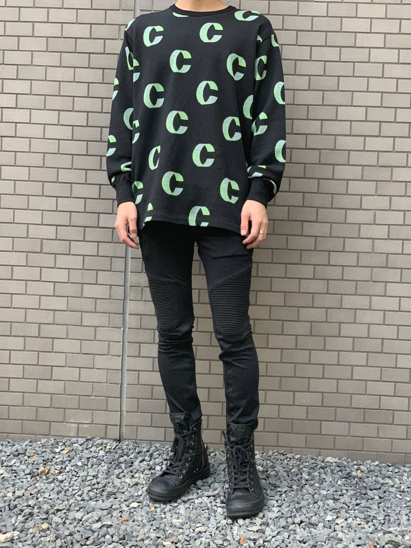 Cロゴ クルーネック ジャガードコットンニット OUT OF THIS WORLD LOOP KNIT SWEATER - BLACK