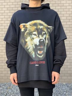 《残り一点》 【宮川大輔着用】 ウルフグラフィック カットソーレイヤードパーカー HOODIE - BLACK