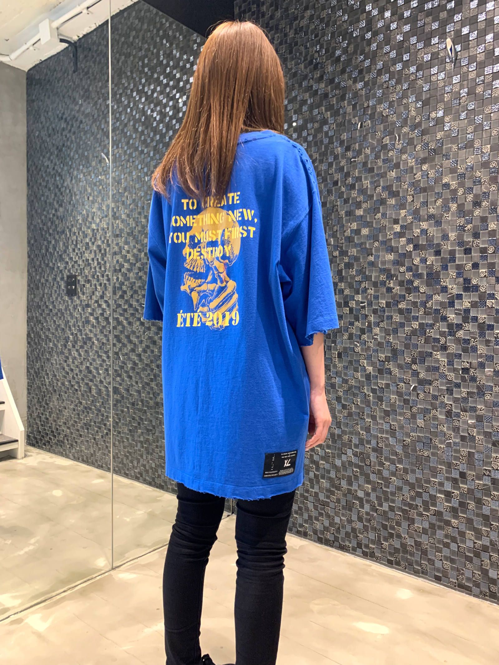 オーバーサイズ バックプリント ダメージ加工 カットソー - BLUE