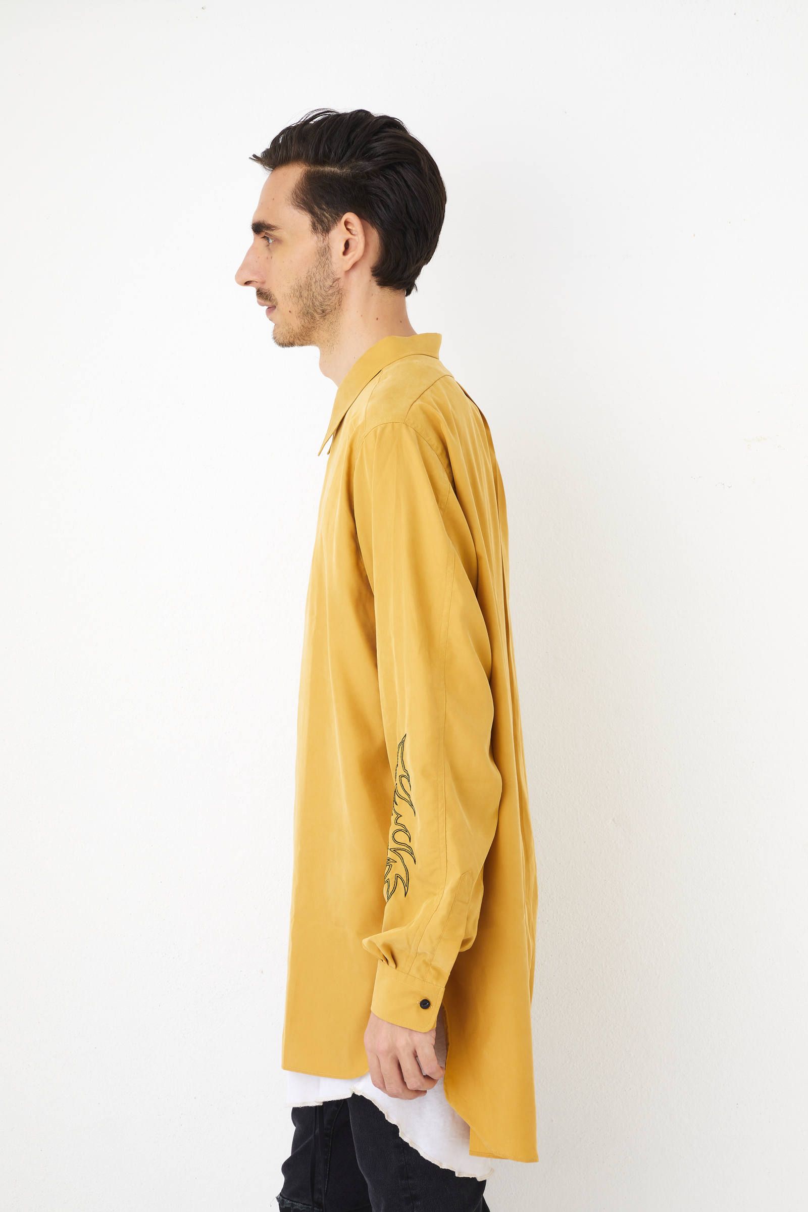 袖刺繍 長袖 ロングシャツ LONG SHT  "embroidery" - YELLOW