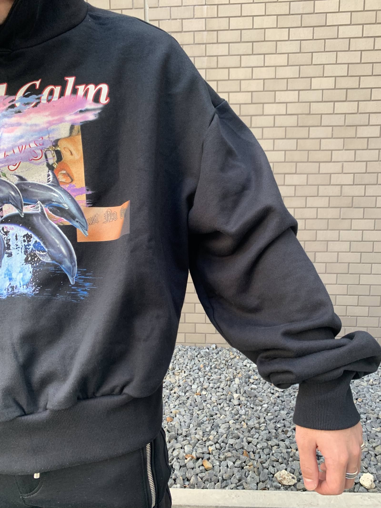 《L,XL残り各一点》 ドルフィングラフィック ショート丈パーカー HOODIE  - BLACK