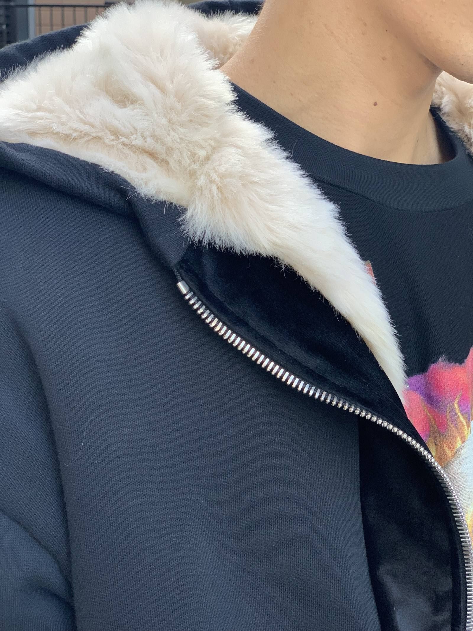 ベロア切替 ファーライナー グラフィックボンバージャケット - FUR LINED BOMBER  - BLACK