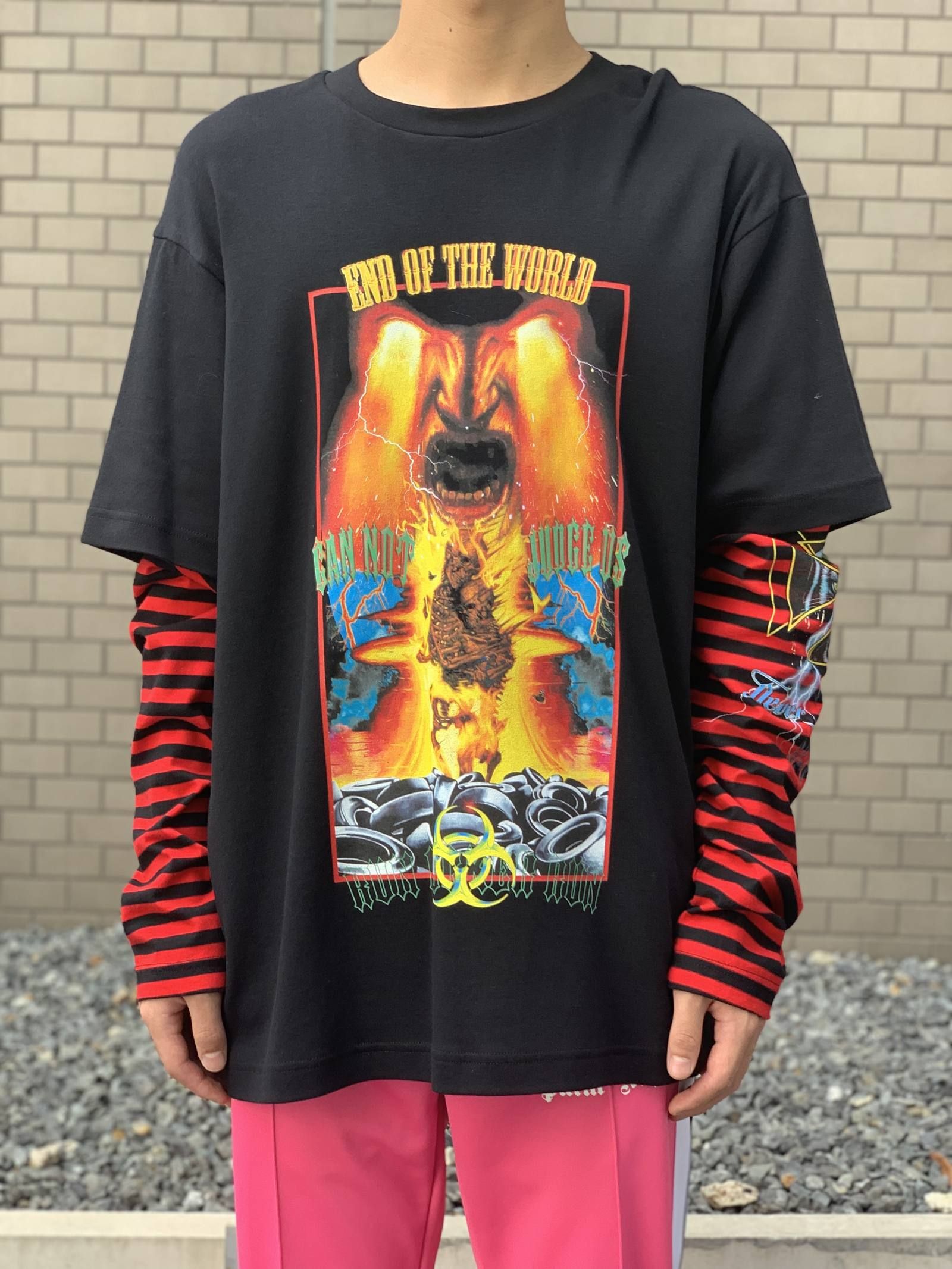《残り一点》 グラフィック ボーダー フェイクレイヤードカットソー LONG SLEEVE WINTER TSHIRT - BLACK × RED