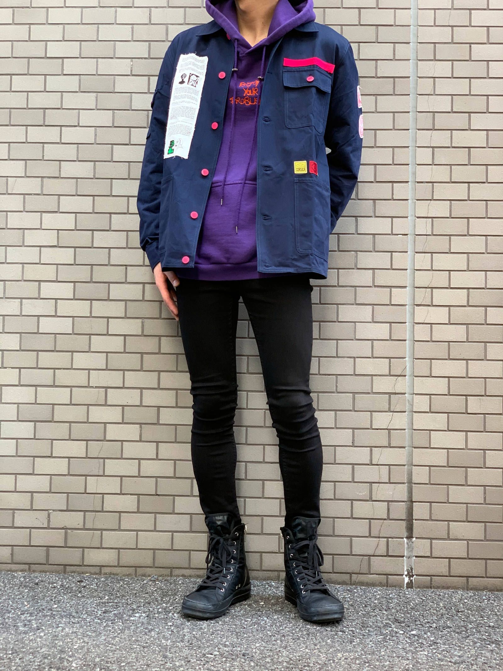 【残り一点】 バックプリント パッチ装飾カバーオール ジャケット APPLIQUE CHORE JACKET - NAVY