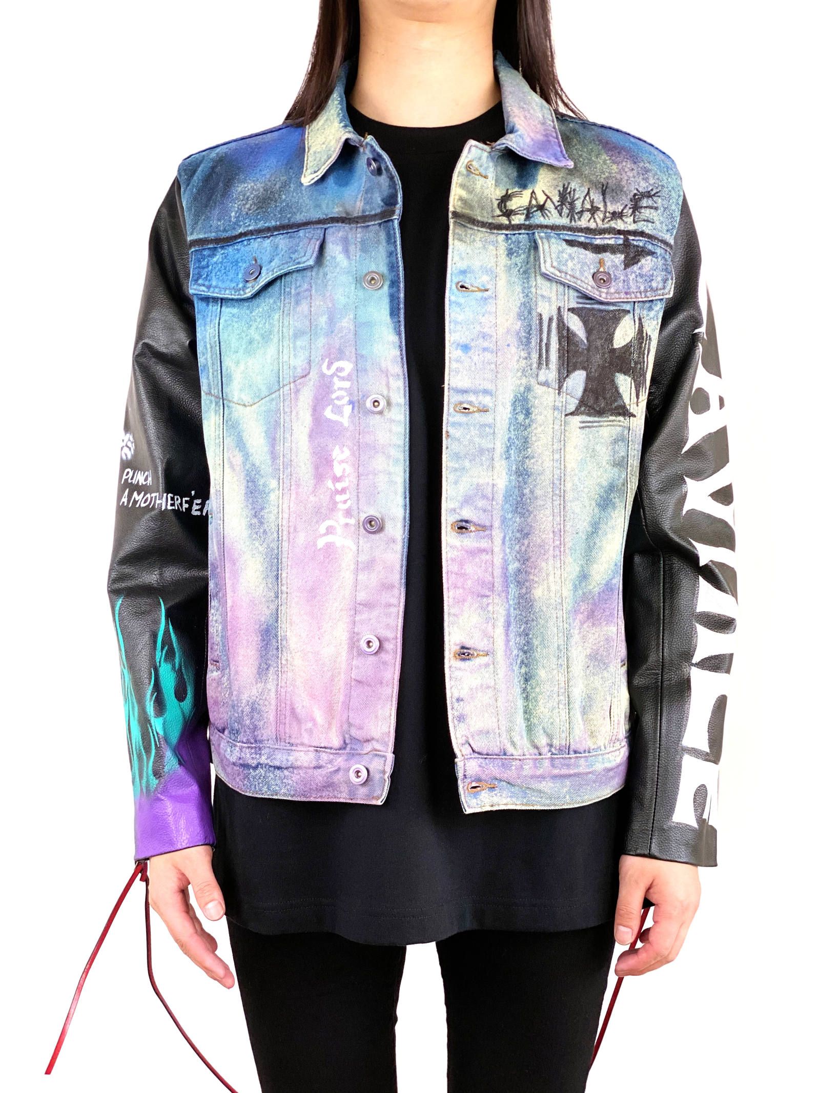 CAVIALE - 《残り一点》 【UVERworld TAKUYA∞着用】 総柄ペイント 袖レザーデニムジャケット SLEEVE Leather  DENIM JACKET - INDIGO | STORY