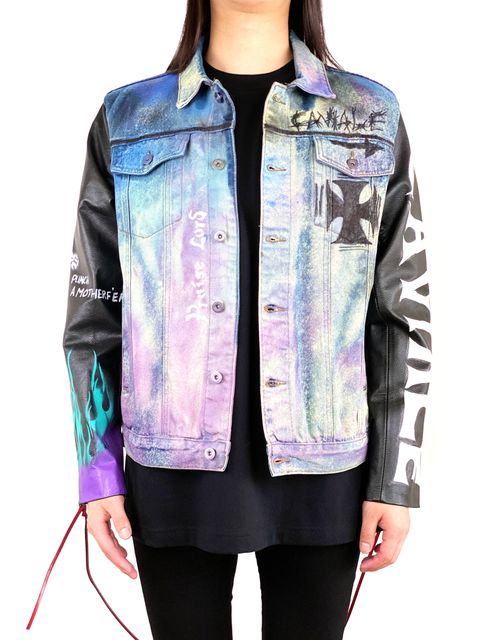 《残り一点》 【UVERworld TAKUYA∞着用】 総柄ペイント 袖レザーデニムジャケット SLEEVE Leather DENIM JACKET - INDIGO