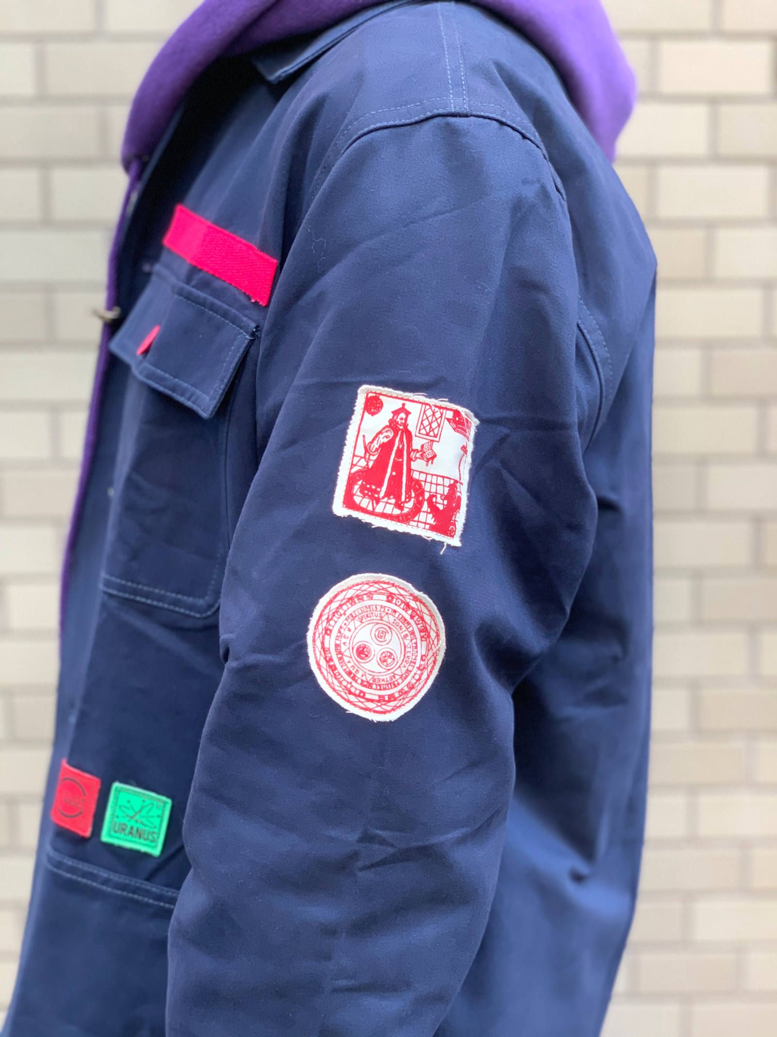【残り一点】 バックプリント パッチ装飾カバーオール ジャケット APPLIQUE CHORE JACKET - NAVY