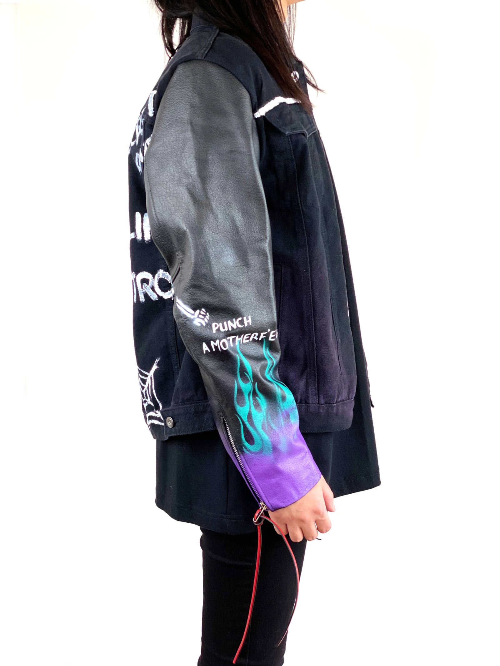 《残り一点》 総柄ペイント 袖レザーデニムジャケット SLEEVE Leather DENIM JACKET- BLACK