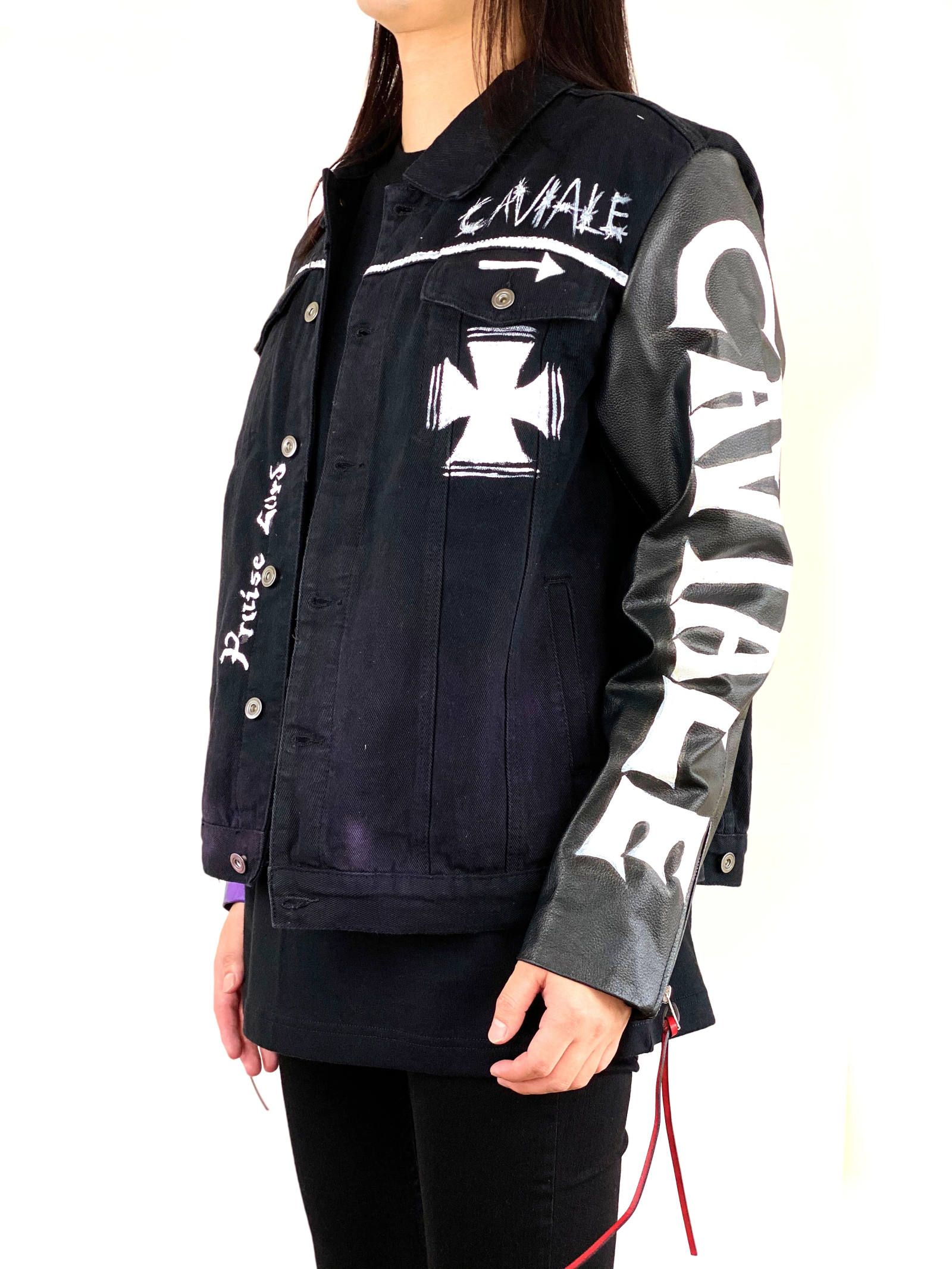 《残り一点》 総柄ペイント 袖レザーデニムジャケット SLEEVE Leather DENIM JACKET- BLACK