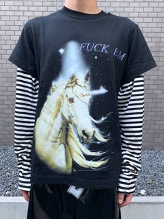 《各カラー残り一点》 ペガサス グラフィック フェイクレイヤードカットソー LONG SLEEVE WINTER TSHIRT - BLACK × WHITE