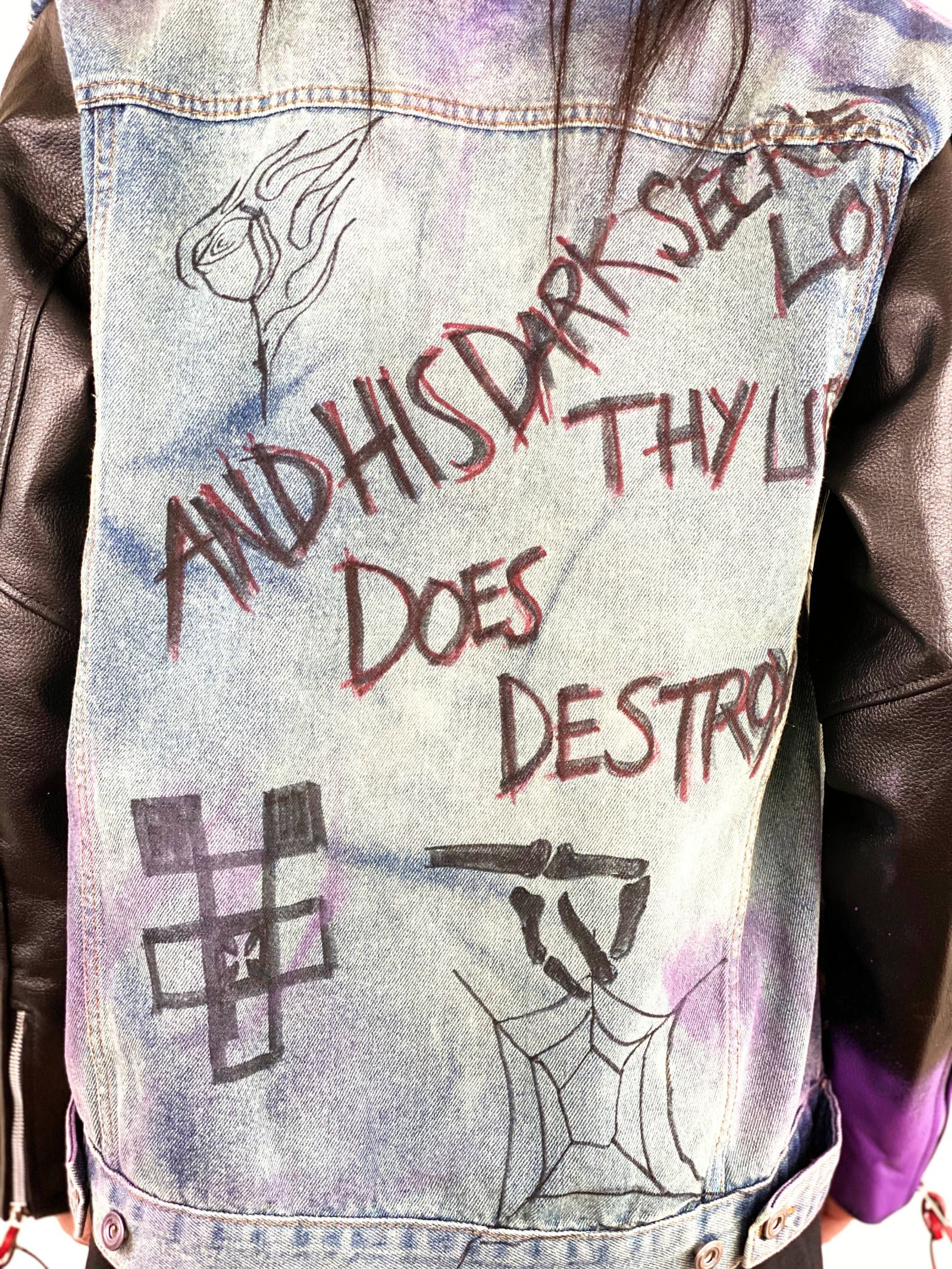 《残り一点》 【UVERworld TAKUYA∞着用】 総柄ペイント 袖レザーデニムジャケット SLEEVE Leather DENIM JACKET - INDIGO