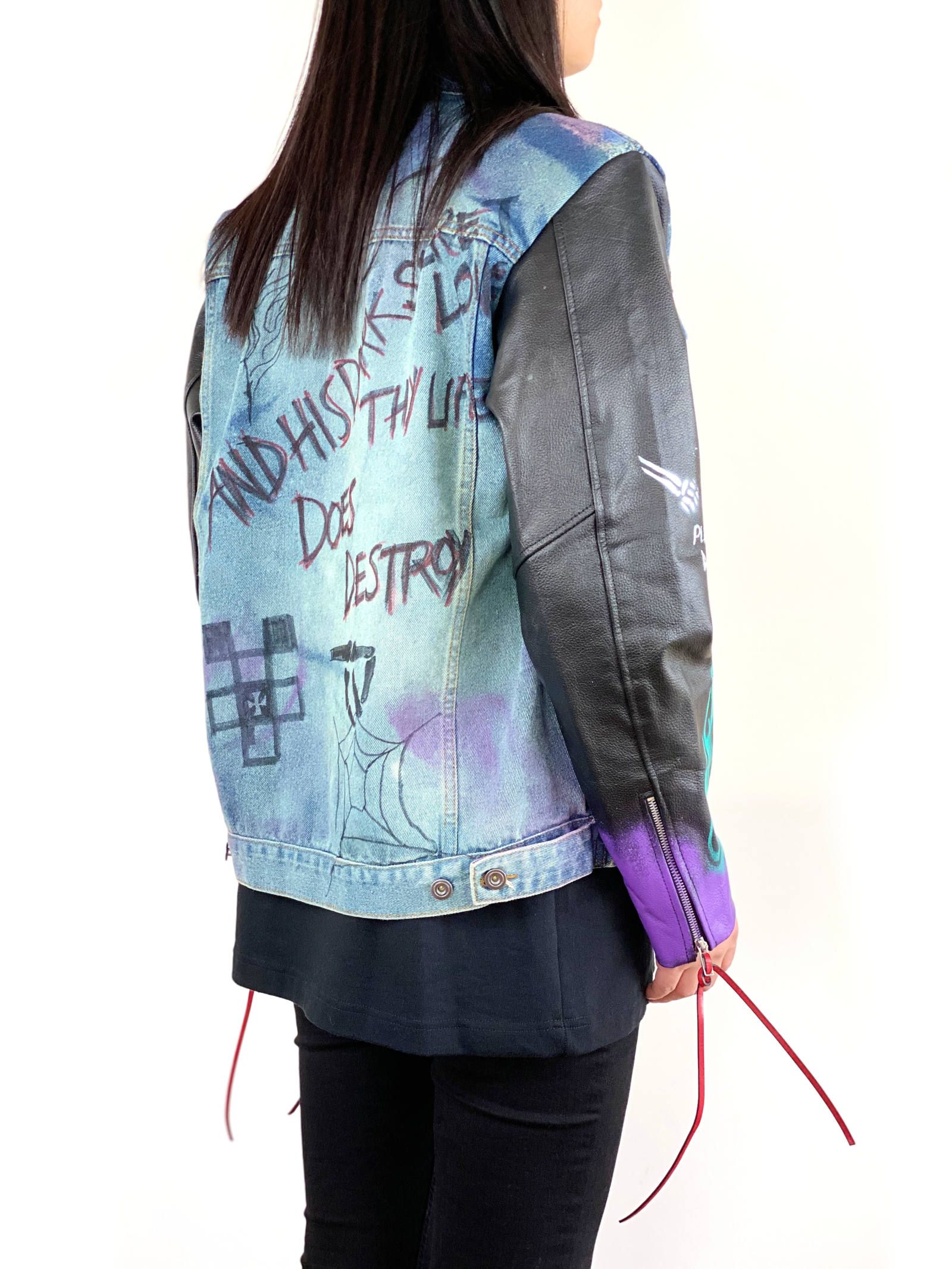 《残り一点》 【UVERworld TAKUYA∞着用】 総柄ペイント 袖レザーデニムジャケット SLEEVE Leather DENIM  JACKET - INDIGO - M - インディゴ