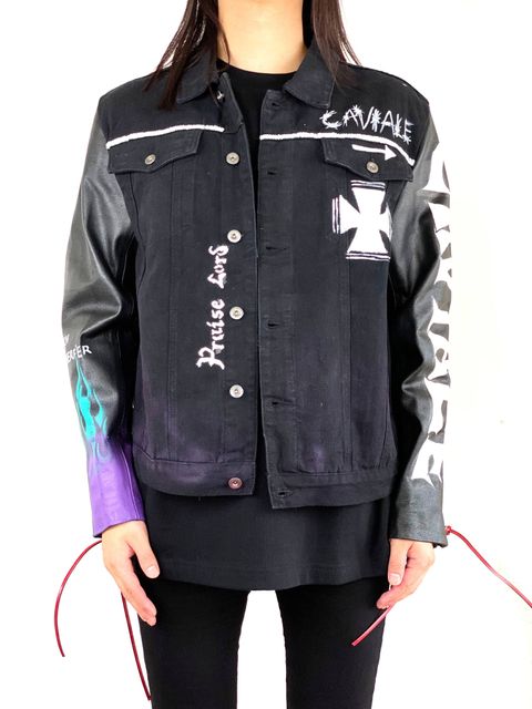 《残り一点》 総柄ペイント 袖レザーデニムジャケット SLEEVE Leather DENIM JACKET- BLACK