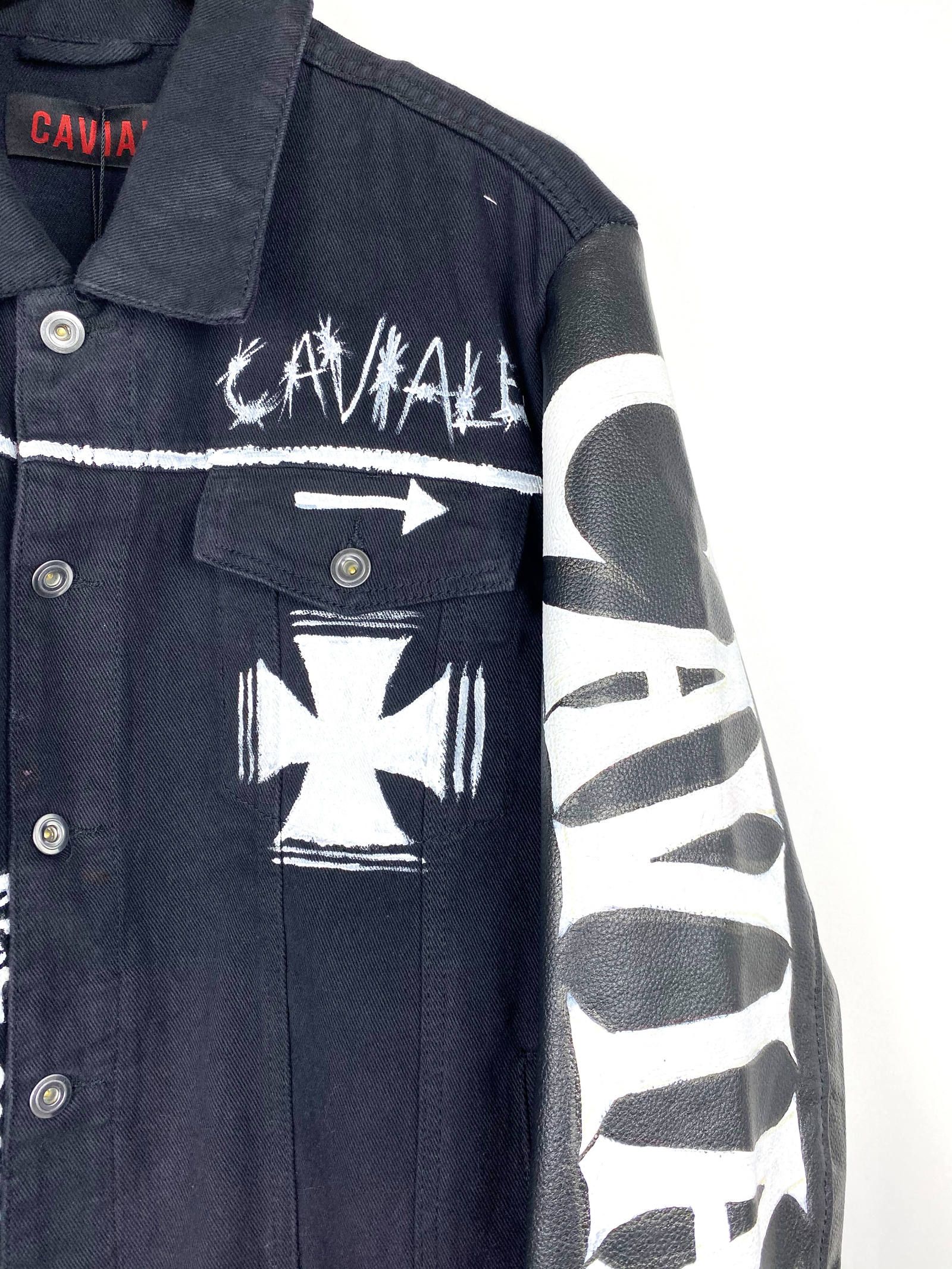 《残り一点》 総柄ペイント 袖レザーデニムジャケット SLEEVE Leather DENIM JACKET- BLACK