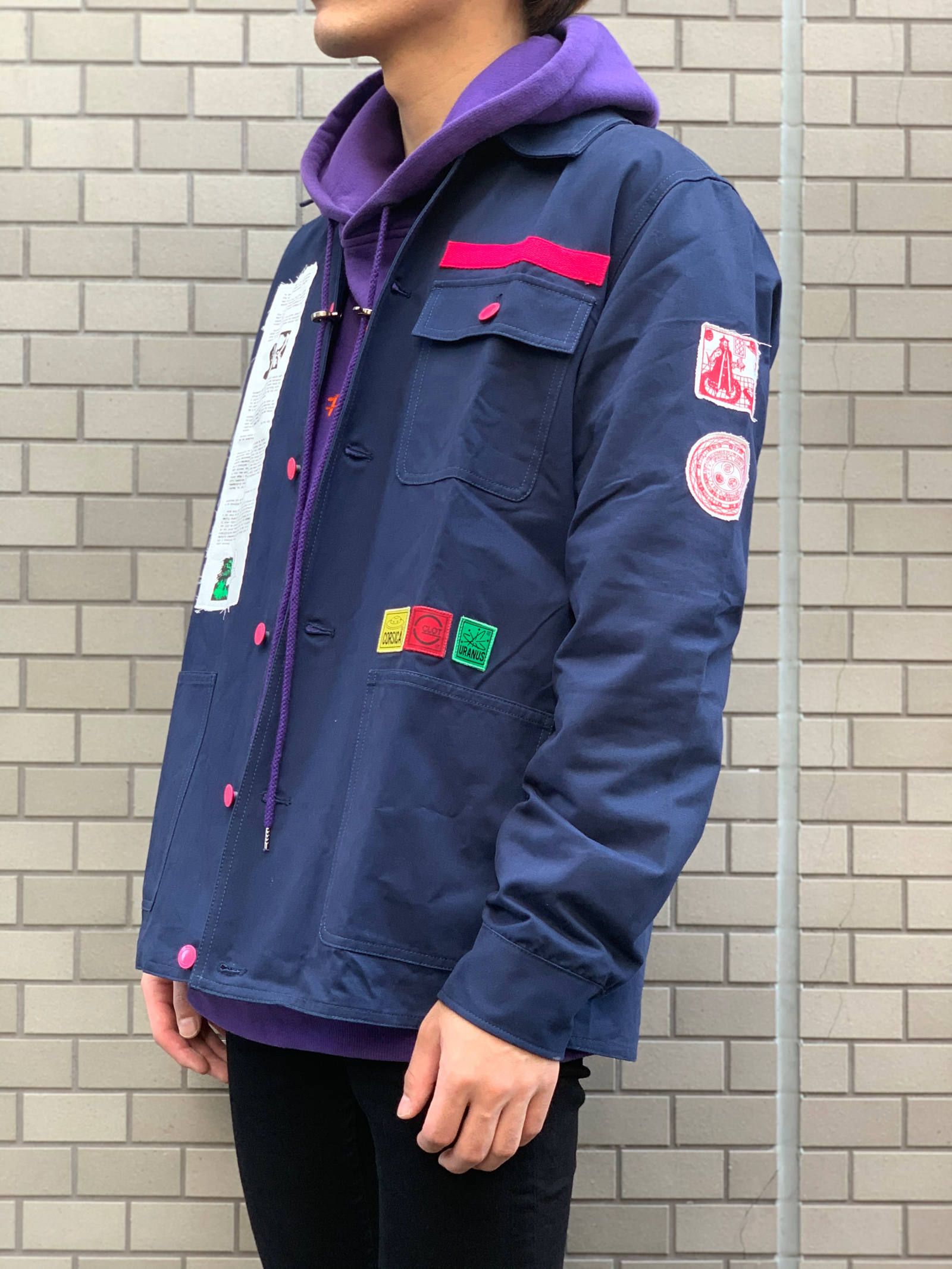 【残り一点】 バックプリント パッチ装飾カバーオール ジャケット APPLIQUE CHORE JACKET - NAVY