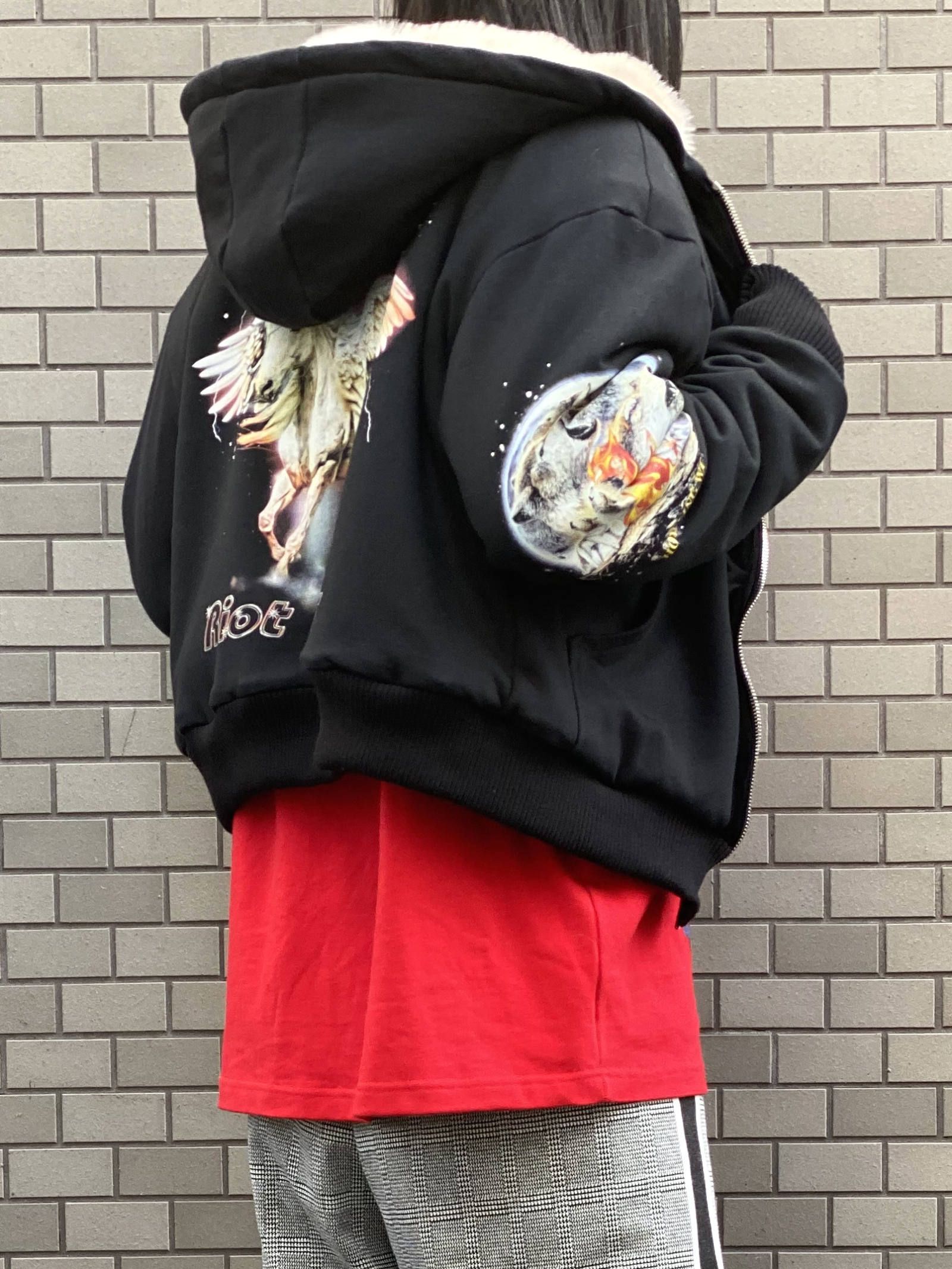 ベロア切替 ファーライナー グラフィックボンバージャケット - FUR LINED BOMBER  - BLACK