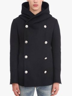 中綿入りダブルブレスト フーデッド ピーコート - BLACK
