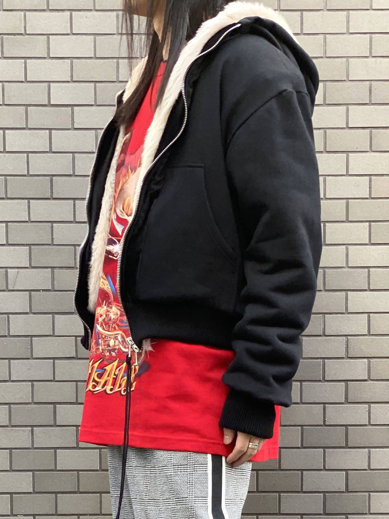 ベロア切替 ファーライナー グラフィックボンバージャケット - FUR LINED BOMBER  - BLACK